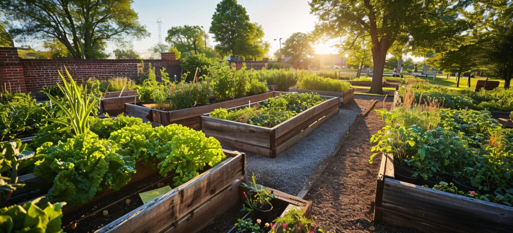 Early morning in a garden full of raised beds containing green vegetables. 